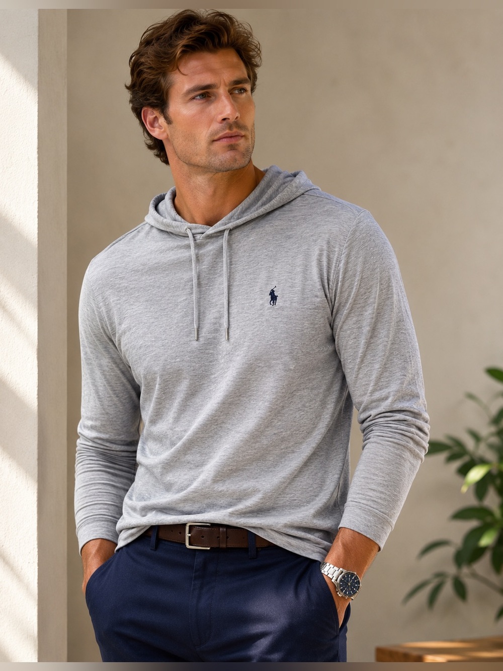 Polo Ralph Lauren Gray Hooded Jersey Tee Long Sleeve Hoodie Tee Heritage Preppy